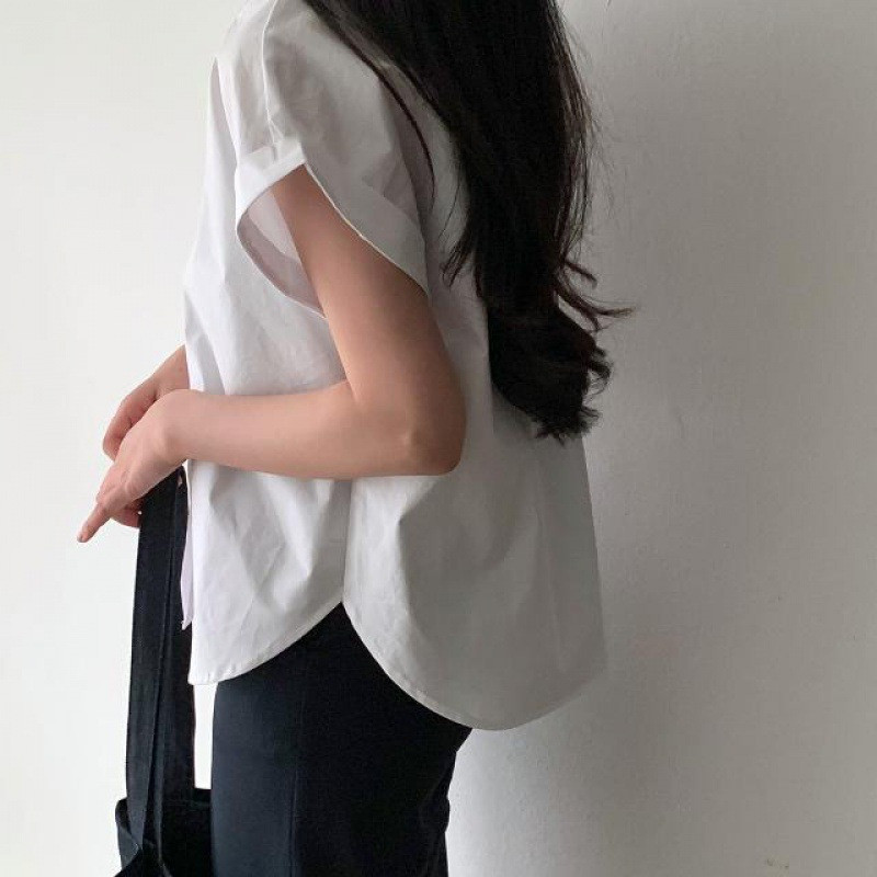 Casual V-kaelusega soliidne särgipluus Kontori Daami kevadsuve mood Elegantsed lühikeste varrukatega õhukesed särgid naistele 2024. aasta valged topid