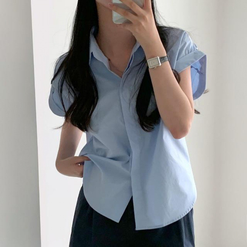 Casual V-kaelusega soliidne särgipluus Kontori Daami kevadsuve mood Elegantsed lühikeste varrukatega õhukesed särgid naistele 2024. aasta valged topid