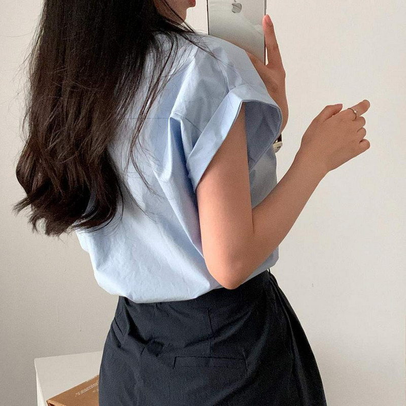 Casual V-kaelusega soliidne särgipluus Kontori Daami kevadsuve mood Elegantsed lühikeste varrukatega õhukesed särgid naistele 2024. aasta valged topid