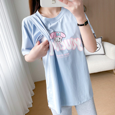 Vienkrāsains truša raksta bērnu krekls, kas baro bērnu ar krūti, valkāt augšējo kokvilnas brīvu grūtnieču apģērbu 8607