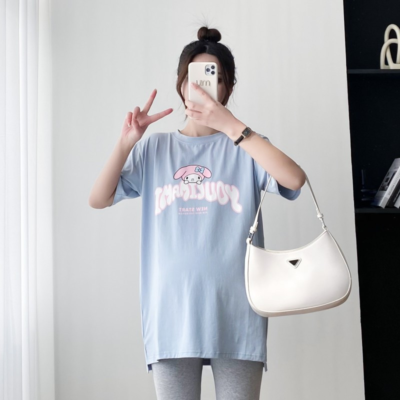 Vienkrāsains truša raksta bērnu krekls, kas baro bērnu ar krūti, valkāt augšējo kokvilnas brīvu grūtnieču apģērbu 8607