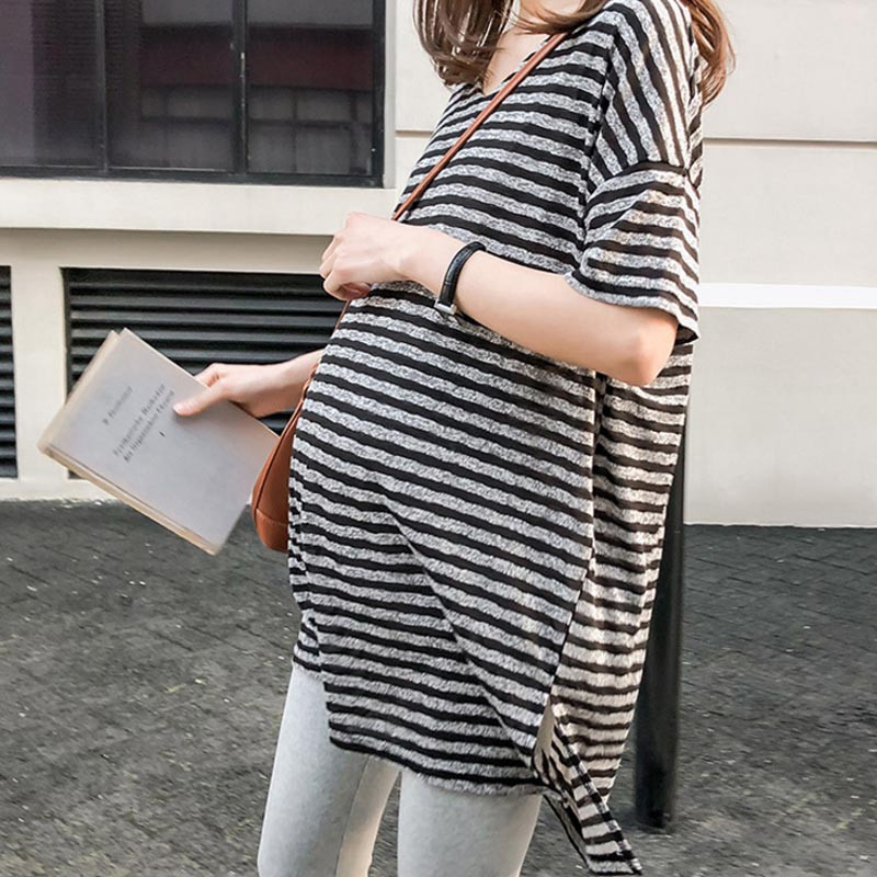 Grūtnieču svītrainie T-krekli Brīvi elpojoši Grūtnieču apģērbi Barības apģērbi Ar īsām piedurknēm Zīdīšanas T-krekli vasara