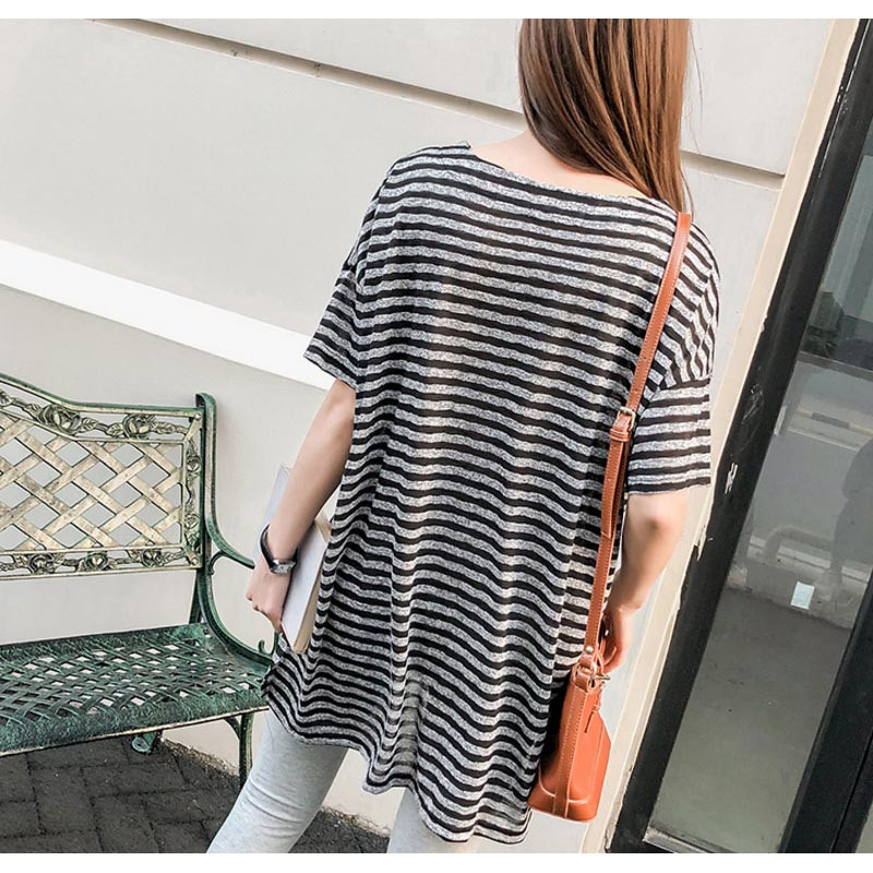 Grūtnieču svītrainie T-krekli Brīvi elpojoši Grūtnieču apģērbi Barības apģērbi Ar īsām piedurknēm Zīdīšanas T-krekli vasara