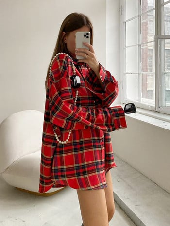 Mnealways18 Bright Gingham Oversized πουκάμισα για γυναίκες Street Style Casual Shacket μπλούζες και μπλούζες με μονόστηθο Άνοιξη 2024