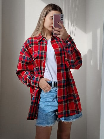 Mnealways18 Bright Gingham Oversized πουκάμισα για γυναίκες Street Style Casual Shacket μπλούζες και μπλούζες με μονόστηθο Άνοιξη 2024