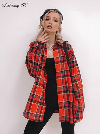 Mnealways18 Bright Gingham Oversized πουκάμισα για γυναίκες Street Style Casual Shacket μπλούζες και μπλούζες με μονόστηθο Άνοιξη 2024