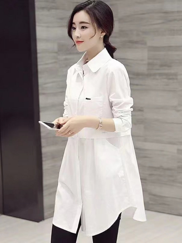 Täiesti sobiv nööbiga soliidne Midi-sügispluus naistele 2023. aasta Korea moodne splaisssärk Avara pikkade varrukatega talvine polo-kaelussärk