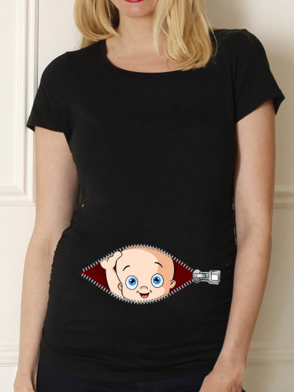 Moteriški vasariniai marškinėliai Nėščioms moterims trumpomis rankovėmis grafiniai marškinėliai Laisvalaikiai nėščiųjų marškinėliai, pranešimai apie nėštumą