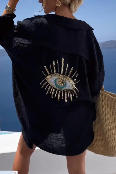 Naiste vabaaja helmestega särgid, pikkade varrukatega vintage 2024. aasta kevadsuve mood, lahtikäiva kraega, nööbiga pluus, geomeetrilised topid