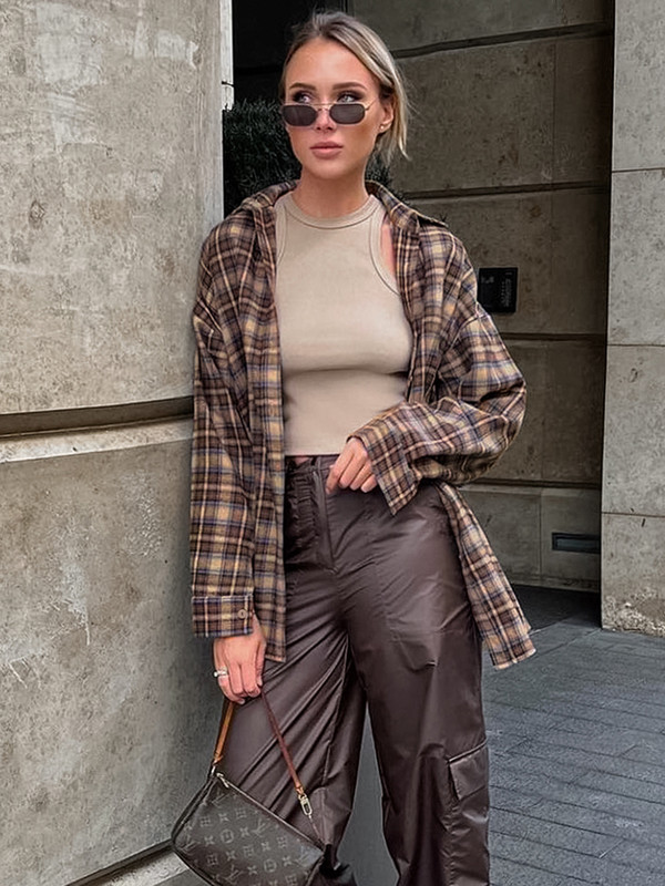 Mnealways18 Cămăși în carouri de epocă Femei Bluză largi Gingham Femeie Primăvara 2024 Top cu nasturi Shacket Cămăși lungi supradimensionate Doamne