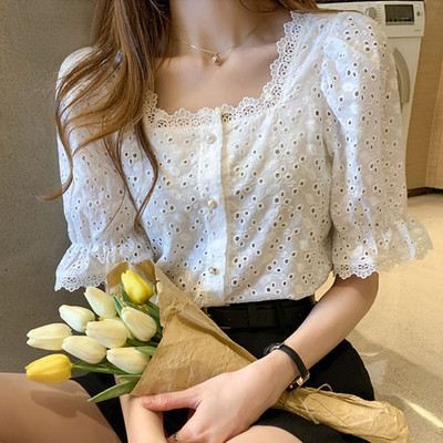 Cămăși cu mânecă scurtă de vară la modă Bluză albă Femei 2023 Guler pătrat elegant Cămașă coreeană din dantelă scobită Bluse 13934