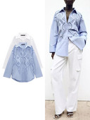 TRAF naiste uus mood vabaaja särgpluus, tikitud õõnsa üherealise revääriga pikkade varrukatega kaarjas ääris lahtine särkpluus