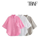 TRAF Naiste Mood Taskuga Lahtised Linased Särgid Vintage Kolmveerandvarrukatega Nööpidega naiste pluusid Blusas šikid topid