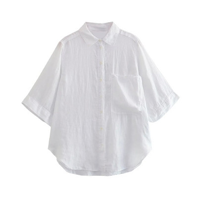 TRAF Naiste Mood Taskuga Lahtised Linased Särgid Vintage Kolmveerandvarrukatega Nööpidega naiste pluusid Blusas šikid topid