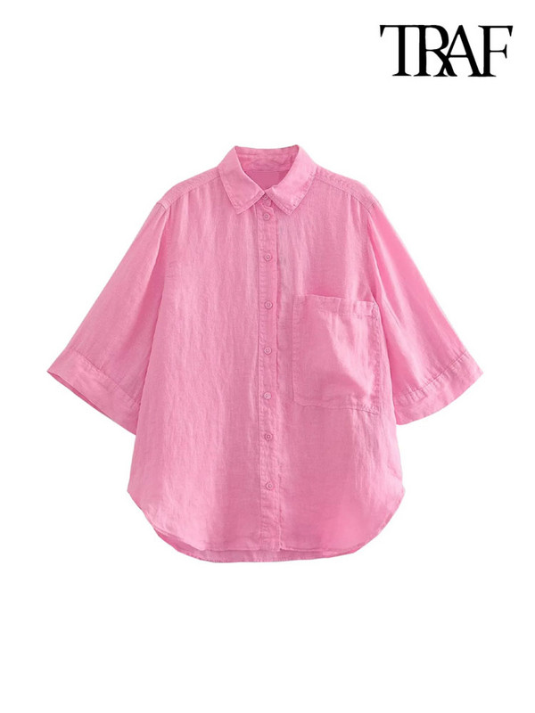 TRAF Naiste Mood Taskuga Lahtised Linased Särgid Vintage Kolmveerandvarrukatega Nööpidega naiste pluusid Blusas šikid topid