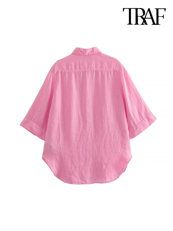 TRAF Naiste Mood Taskuga Lahtised Linased Särgid Vintage Kolmveerandvarrukatega Nööpidega naiste pluusid Blusas šikid topid