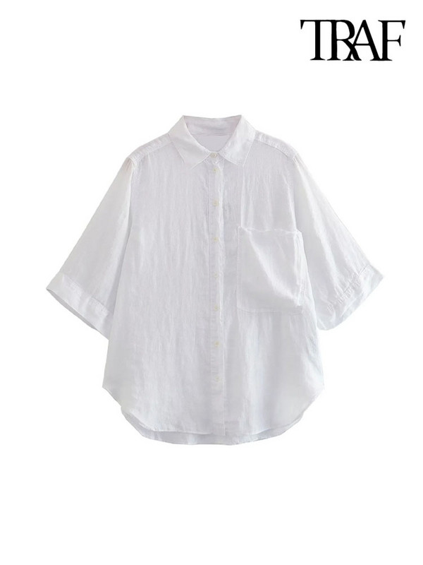 TRAF Naiste Mood Taskuga Lahtised Linased Särgid Vintage Kolmveerandvarrukatega Nööpidega naiste pluusid Blusas šikid topid