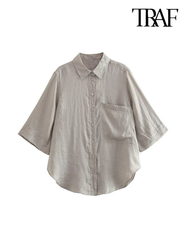 TRAF Naiste Mood Taskuga Lahtised Linased Särgid Vintage Kolmveerandvarrukatega Nööpidega naiste pluusid Blusas šikid topid