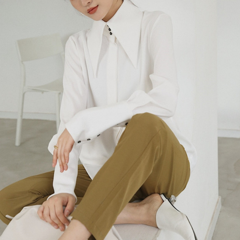 Elegantne, elegantne spuštene ovratnike, bijele satenske košulje dugih rukava, modne ženske vintage bluze 2023, uredske ženske majice, bluze 16946