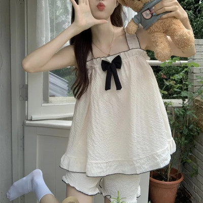 Pidžamu komplekti Sieviešu bezpiedurkņu bantīte Vasaras Forši, saldi guļamtērpi Princeses Mīksti Ērti Atpūtas apģērbi Maigs, mājīgs mājas apģērbs