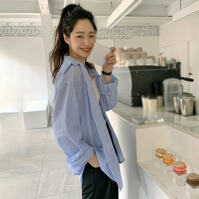 Cămașă de damă cu guler răsturnat de vară în carouri largi ocazional stil leneș Cămașă cu mâneci lungi cu protecție solară la un singur piept