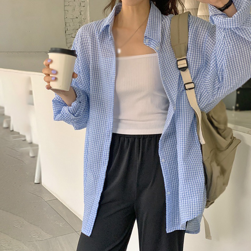 Cămașă de damă cu guler răsturnat de vară în carouri largi ocazional stil leneș Cămașă cu mâneci lungi cu protecție solară la un singur piept