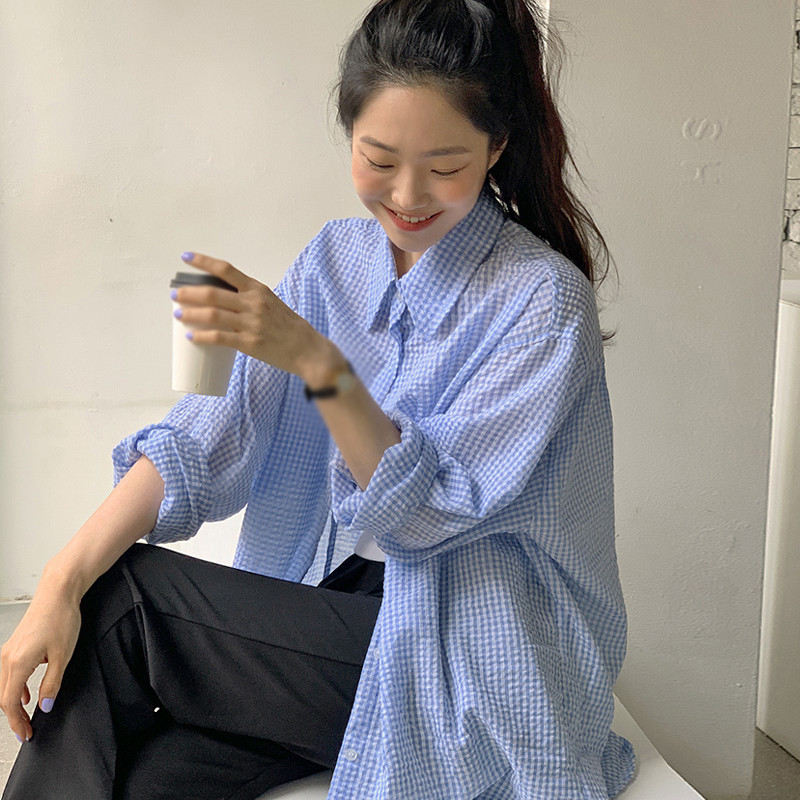 Cămașă de damă cu guler răsturnat de vară în carouri largi ocazional stil leneș Cămașă cu mâneci lungi cu protecție solară la un singur piept