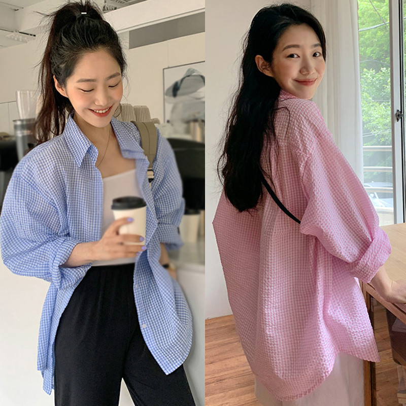 Cămașă de damă cu guler răsturnat de vară în carouri largi ocazional stil leneș Cămașă cu mâneci lungi cu protecție solară la un singur piept