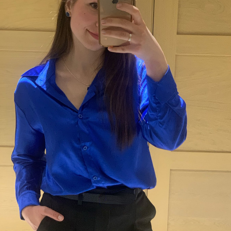 Szatén ing Női póló galléros irodai női blúz Vintage kék zöld selyem ing bő gomb felfelé lefelé ingek Fekete divat felsők