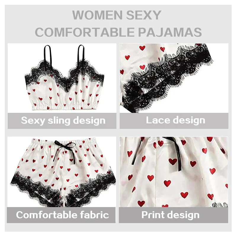 2 DB Női pizsamaöltöny, divatos, V-nyakú, sztreccs, szatén csipke, szexi fehérnemű, csípős pizsama alvó rövidnadrág szett Hálóruha Új
