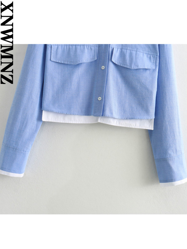 XNWMNZ 2024 Sieviešu modes Crop Oxford krekls Sieviešu High Street atloks ar garām piedurknēm kabatas sieviešu elegants krekls