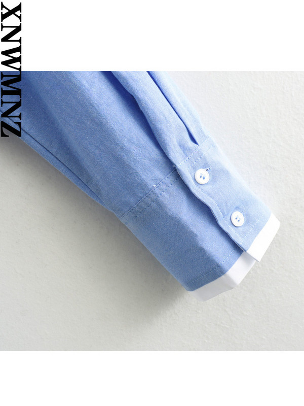 XNWMNZ 2024 Sieviešu modes Crop Oxford krekls Sieviešu High Street atloks ar garām piedurknēm kabatas sieviešu elegants krekls