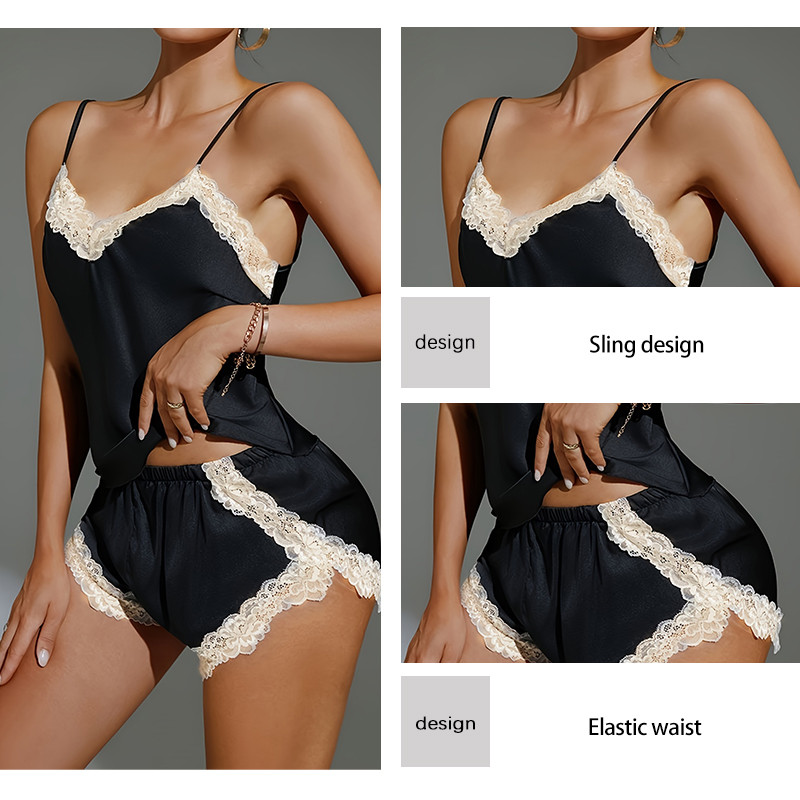 Új női alkalmi szexi fekete selyem szatén pizsama szett, női szatén csipke nadrágtartó felső és rövidnadrág pizsama szett