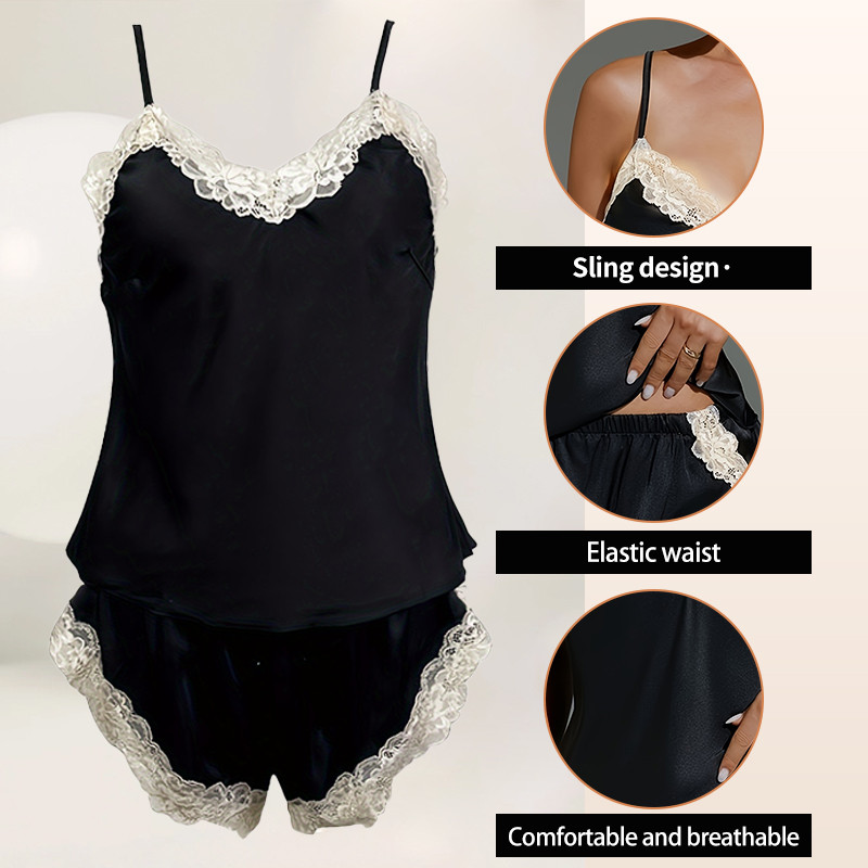 Új női alkalmi szexi fekete selyem szatén pizsama szett, női szatén csipke nadrágtartó felső és rövidnadrág pizsama szett