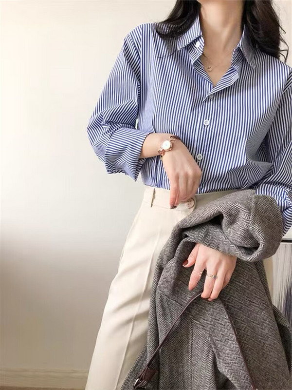 PLAZSON Klassikaline triibuline naiste kevad-sügispluusid särk Daami pikkade laternatega varrukatega krae lahtised pluusid