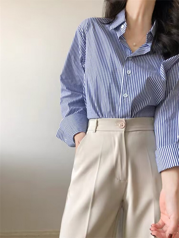 PLAZSON Klassikaline triibuline naiste kevad-sügispluusid särk Daami pikkade laternatega varrukatega krae lahtised pluusid