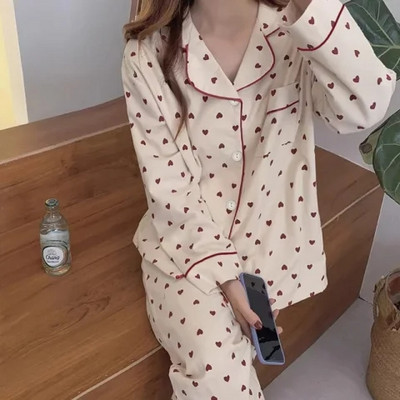 2024-es koreai stílusú tavaszi őszi pihenő pizsama nőknek divatos, hosszú ujjú nadrágok, kiváló minőségű, elegáns, kényelmes, hajtókás nappaliruha