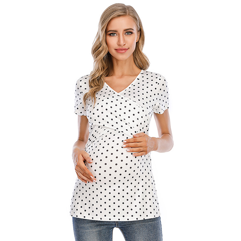 Naiste täppitrükiga rasedatele mõeldud t-särgid, mugavad lühikeste varrukatega rinnaga toitmise topp, rasedatele mõeldud särgid, V-kaelusega T-särk Enceinte