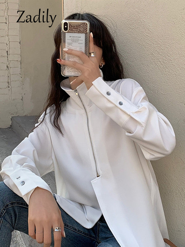 Zadily 2024. gada vasaras ielas stila krekls ar garām piedurknēm, balts šifona krekls sievietēm ar rāvējslēdzēju, brīva sieviešu blūze, minimālisma sieviešu apģērba topi