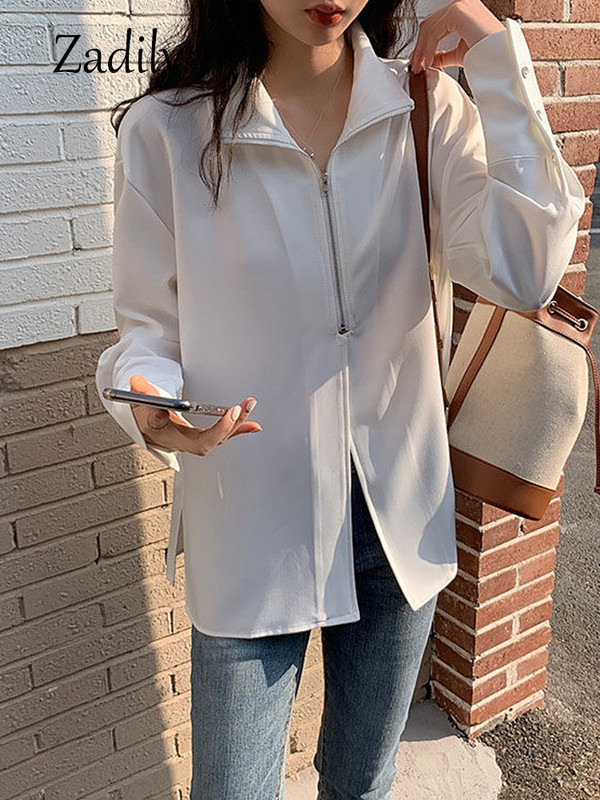 Zadily 2024. gada vasaras ielas stila krekls ar garām piedurknēm, balts šifona krekls sievietēm ar rāvējslēdzēju, brīva sieviešu blūze, minimālisma sieviešu apģērba topi
