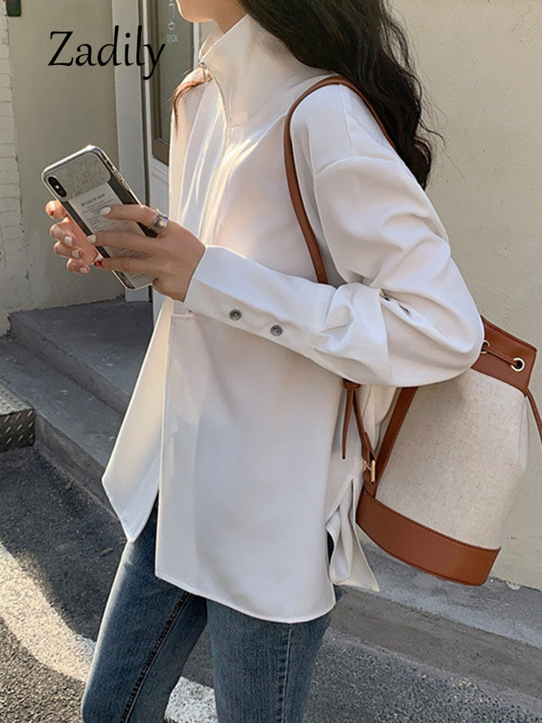 Zadily 2024. gada vasaras ielas stila krekls ar garām piedurknēm, balts šifona krekls sievietēm ar rāvējslēdzēju, brīva sieviešu blūze, minimālisma sieviešu apģērba topi