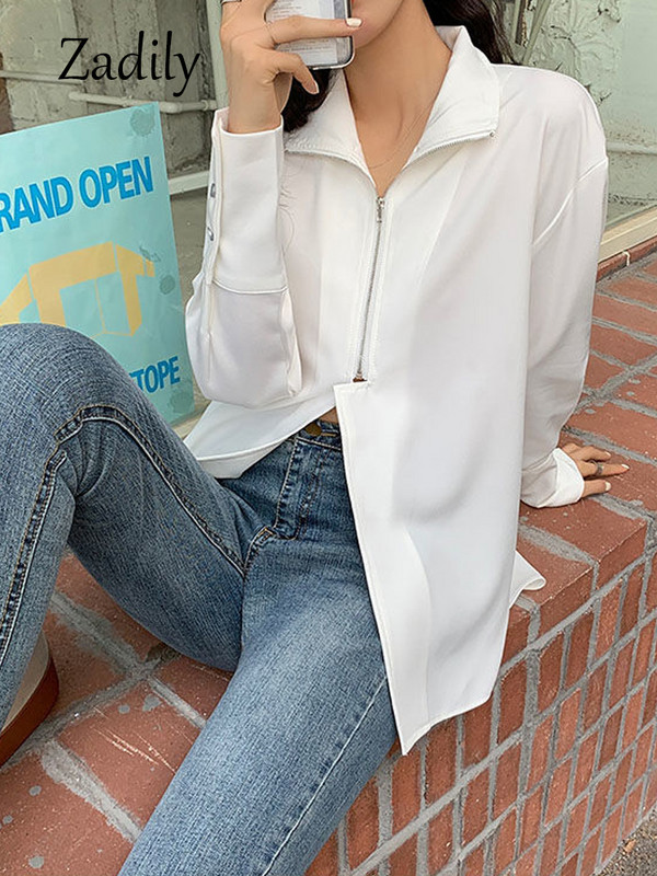 Zadily 2024. gada vasaras ielas stila krekls ar garām piedurknēm, balts šifona krekls sievietēm ar rāvējslēdzēju, brīva sieviešu blūze, minimālisma sieviešu apģērba topi