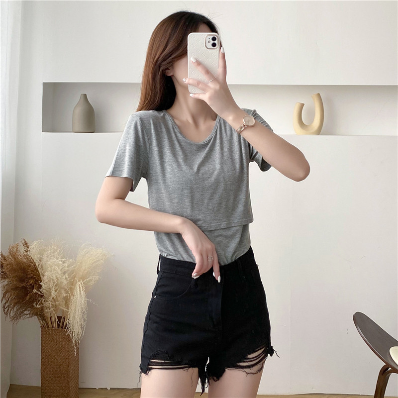 Sünnitusjärgsed No-Wear sisevoodriga T-särgid rinnapadjaga Imetav ühevärviline lühikeste varrukatega rasedariided 9134