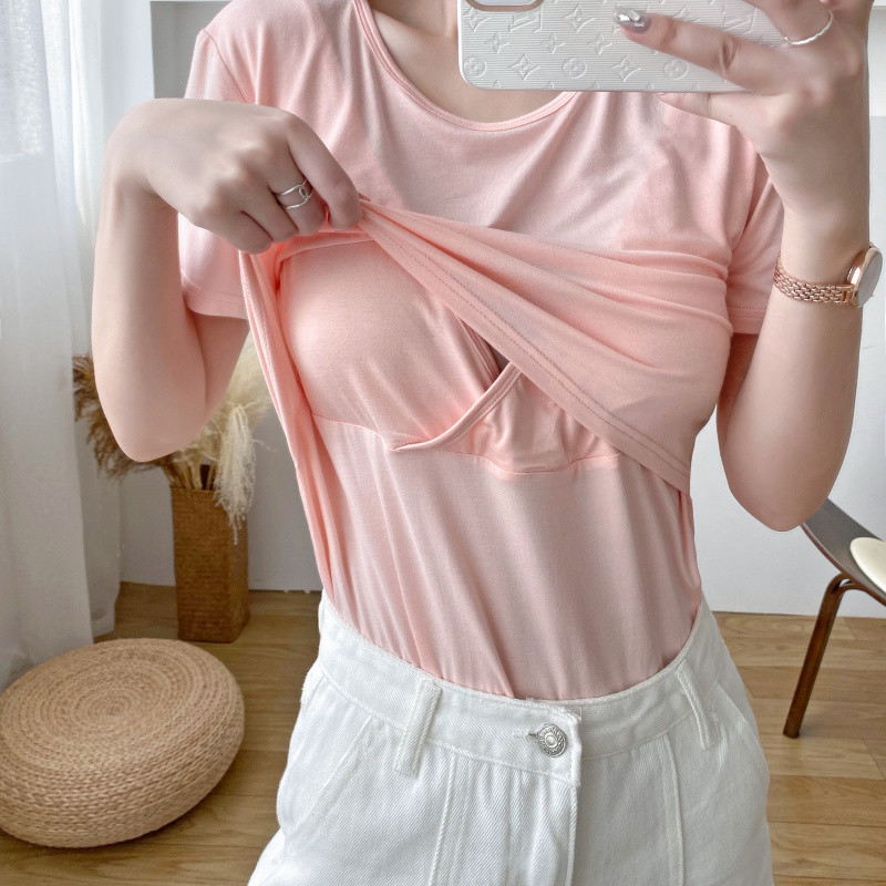 Sünnitusjärgsed No-Wear sisevoodriga T-särgid rinnapadjaga Imetav ühevärviline lühikeste varrukatega rasedariided 9134