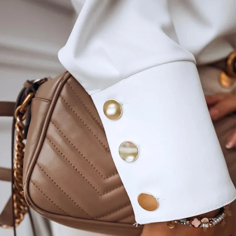 Női ingek felsők 2024 őszi női divat hosszú ujjú blúzok álló gallér tömör fehér fekete laza kardigán blusas 10619