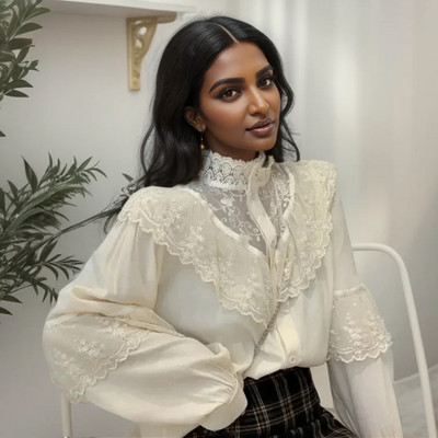 Divatos vintage sifon blúz női állógallér fodros női ingek hosszú ujjú csipkeblúzok elegáns női felsők Blusas 11335