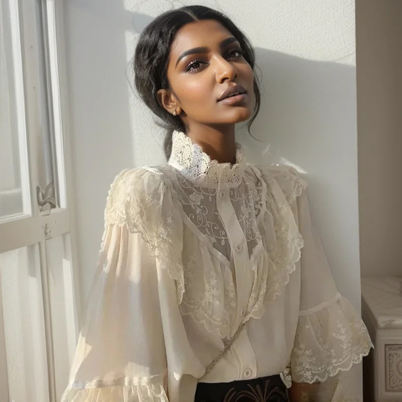 Divatos vintage sifon blúz női állógallér fodros női ingek hosszú ujjú csipkeblúzok elegáns női felsők Blusas 11335