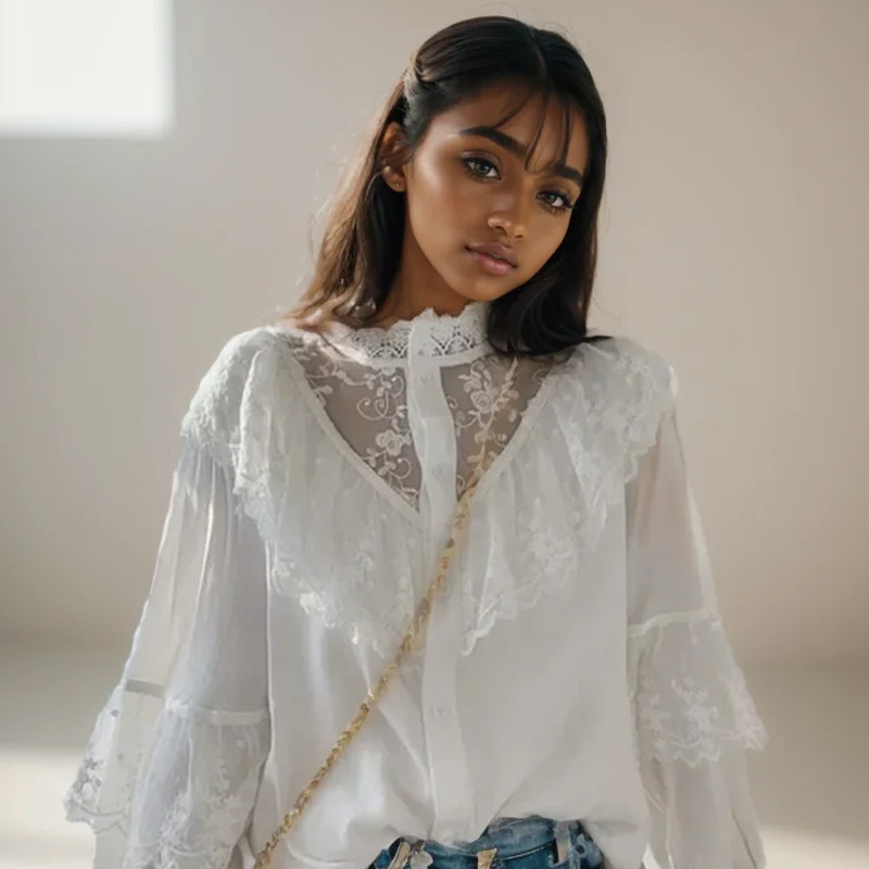 Divatos vintage sifon blúz női állógallér fodros női ingek hosszú ujjú csipkeblúzok elegáns női felsők Blusas 11335