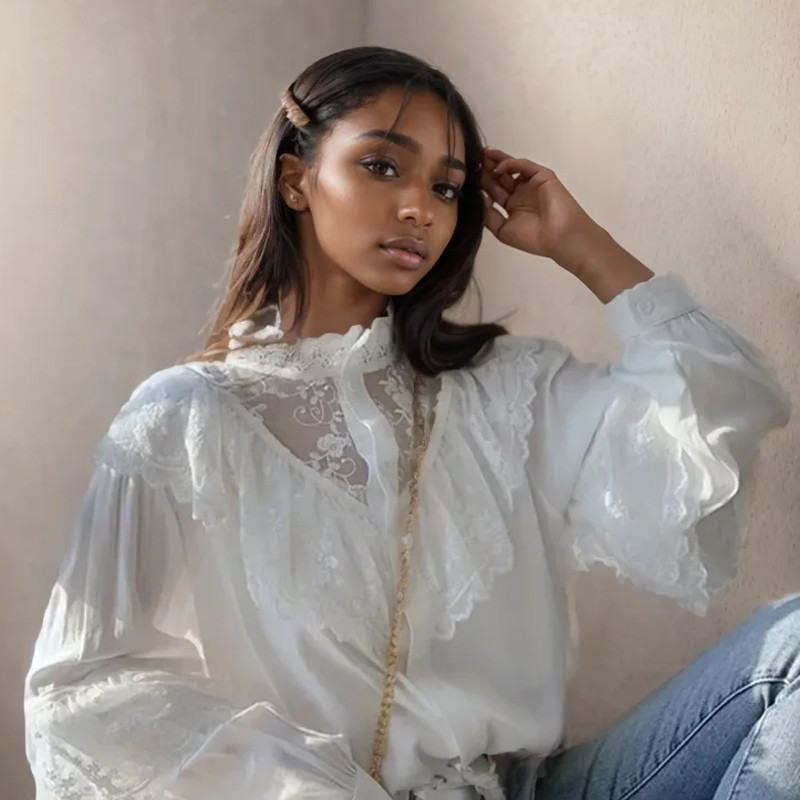 Divatos vintage sifon blúz női állógallér fodros női ingek hosszú ujjú csipkeblúzok elegáns női felsők Blusas 11335