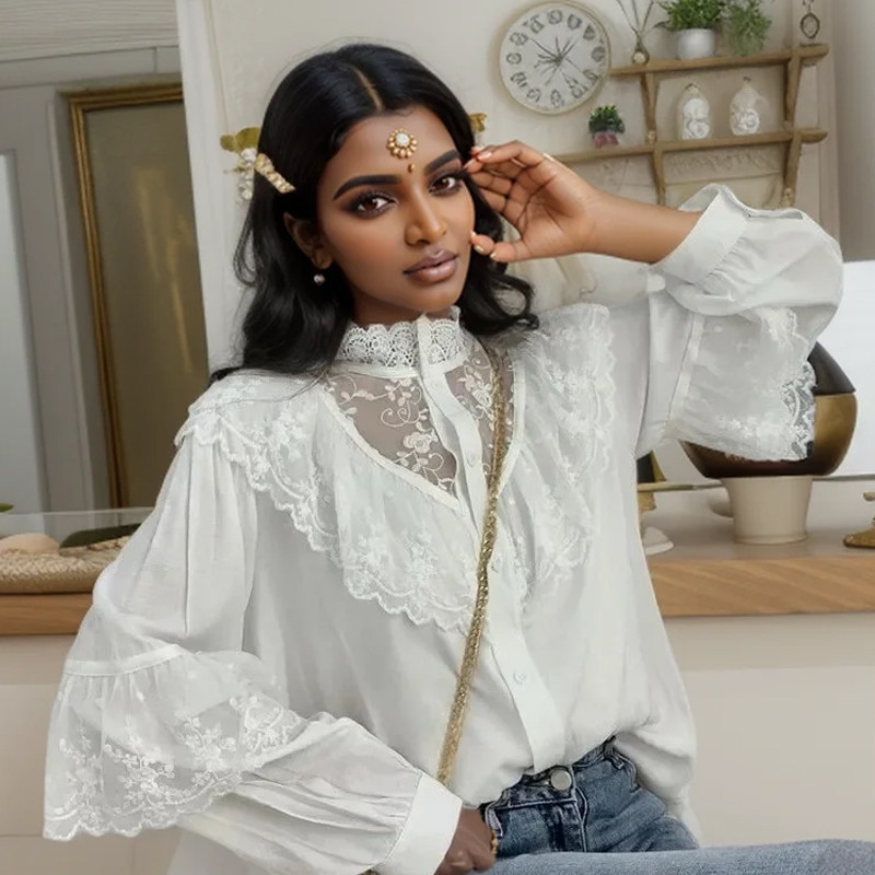 Divatos vintage sifon blúz női állógallér fodros női ingek hosszú ujjú csipkeblúzok elegáns női felsők Blusas 11335